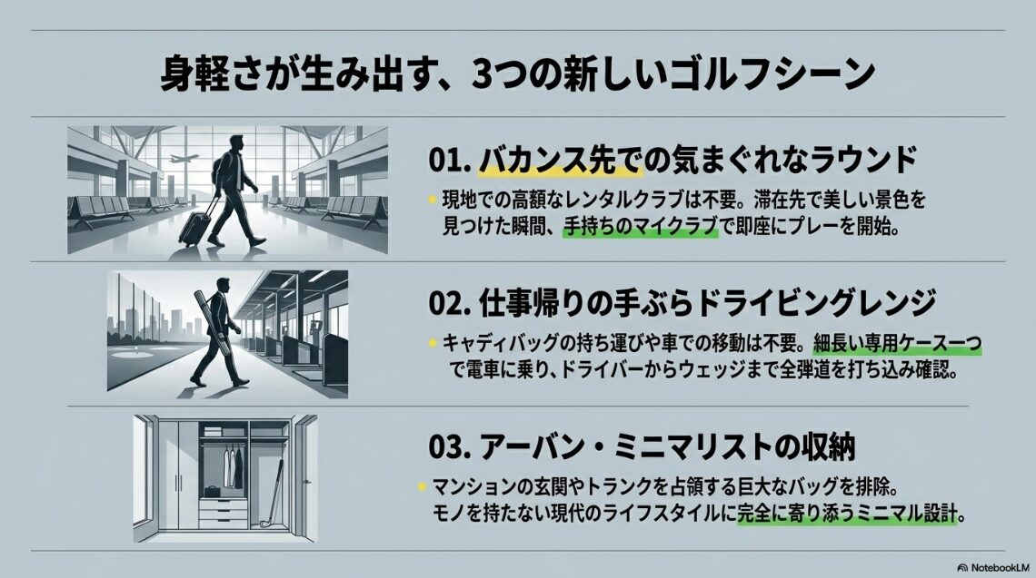 旅行、仕事帰り、自宅収納における新しいゴルフスタイルのイラスト